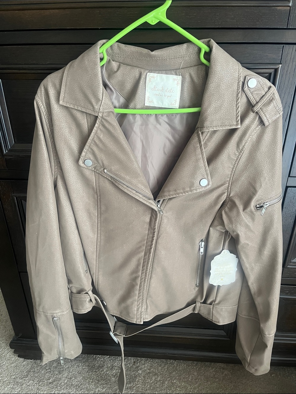 Olive & Oak Taupe Faux Leather Moto Jacket with Belt